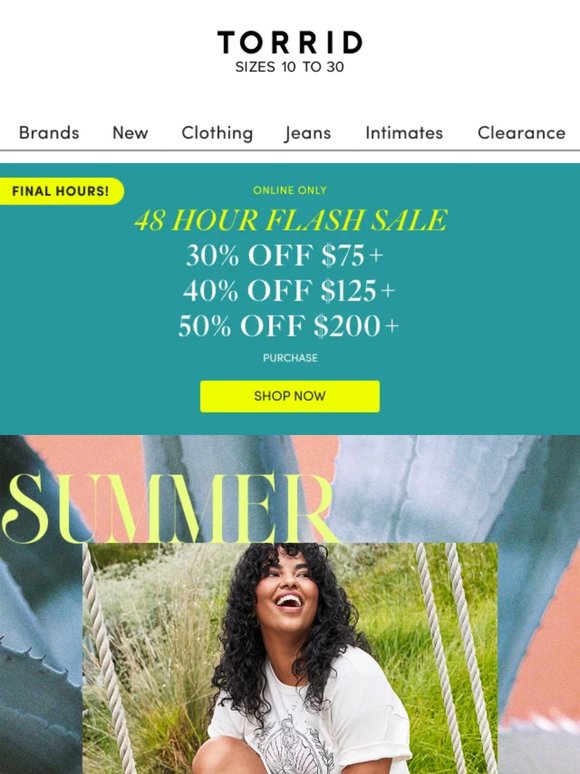 LAST CHANCE for 30% off $75+, 40% off $125+ or  50% off $200+ purchases!