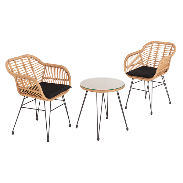 3tlg. Balkonset helles Rattan mit Sitzkissen - Schwarz