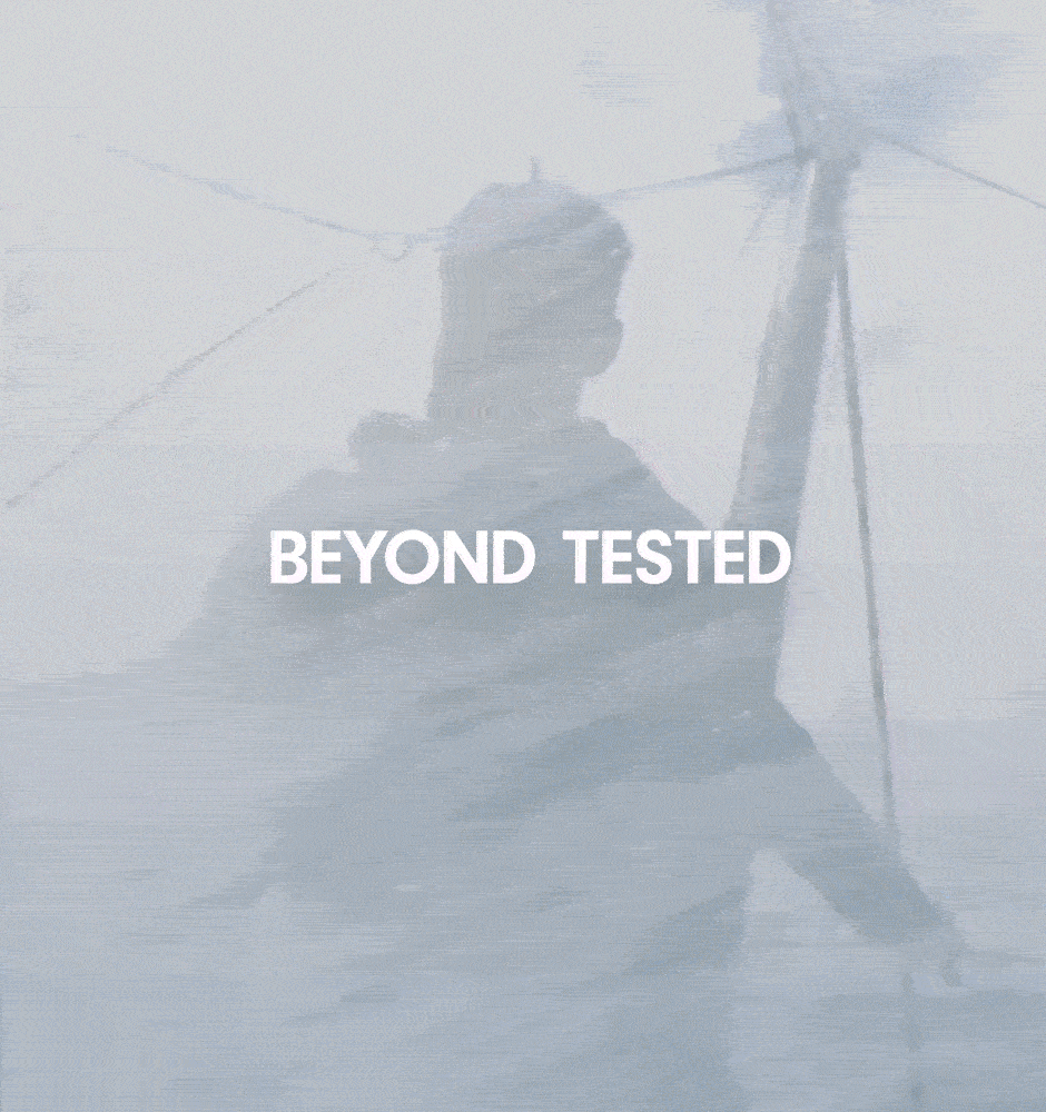 A selection of Gill ambassadors in across sailing disciplines with the words 'BEYOND TESTED' written over the image