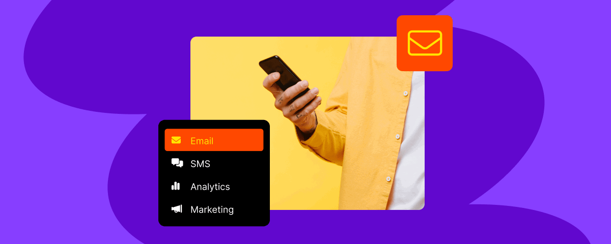 Promotional email banner on a vivid purple background with organic blob shapes, featuring a yellow background photo of a person in a yellow jacket holding a smartphone, overlaid with a dark rounded navigation card listing Email (highlighted in orange), SMS, Analytics, and Marketing, and an orange rounded square email icon in the top right corner.