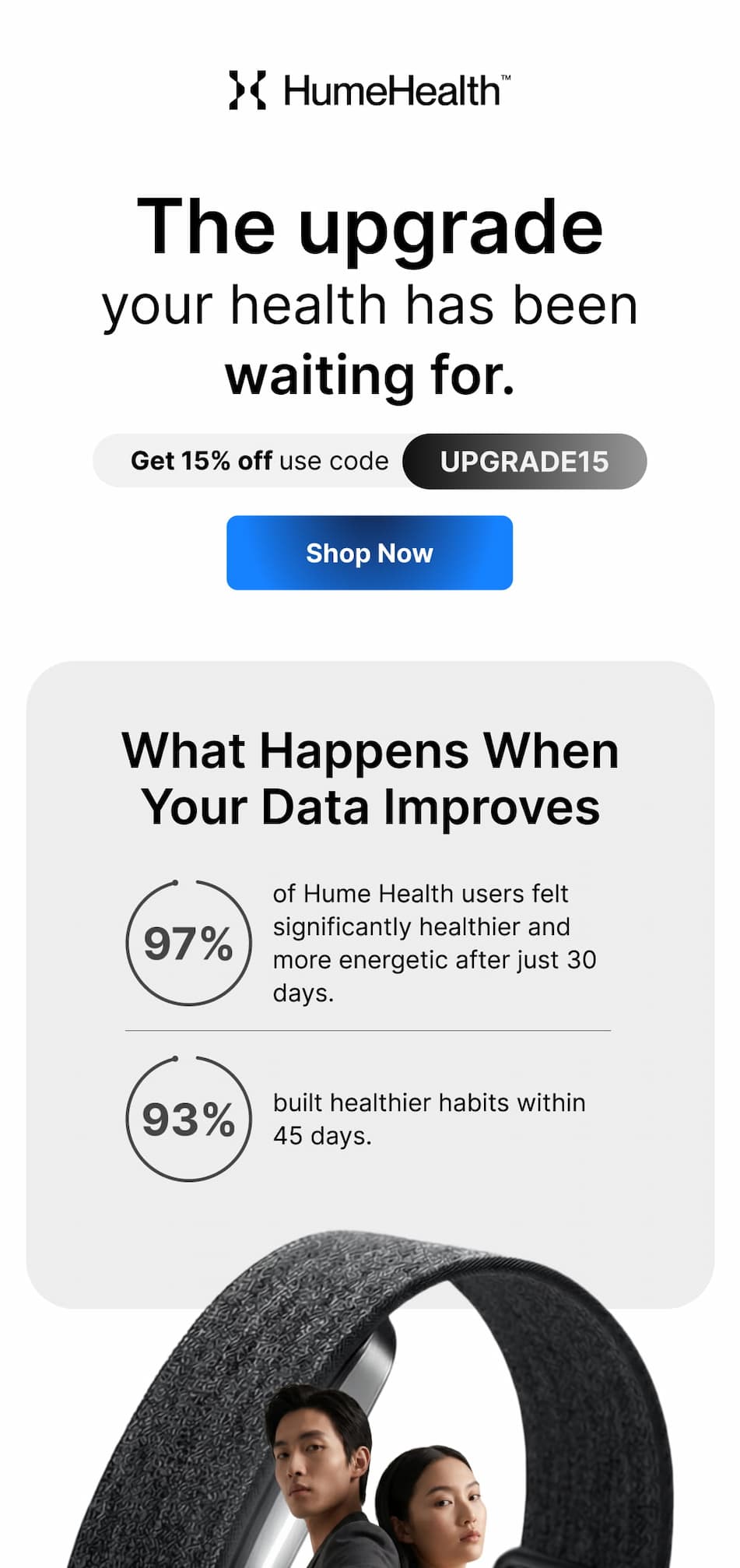 HumeHealth band showing how users felt healthier and more energetic within the first month.