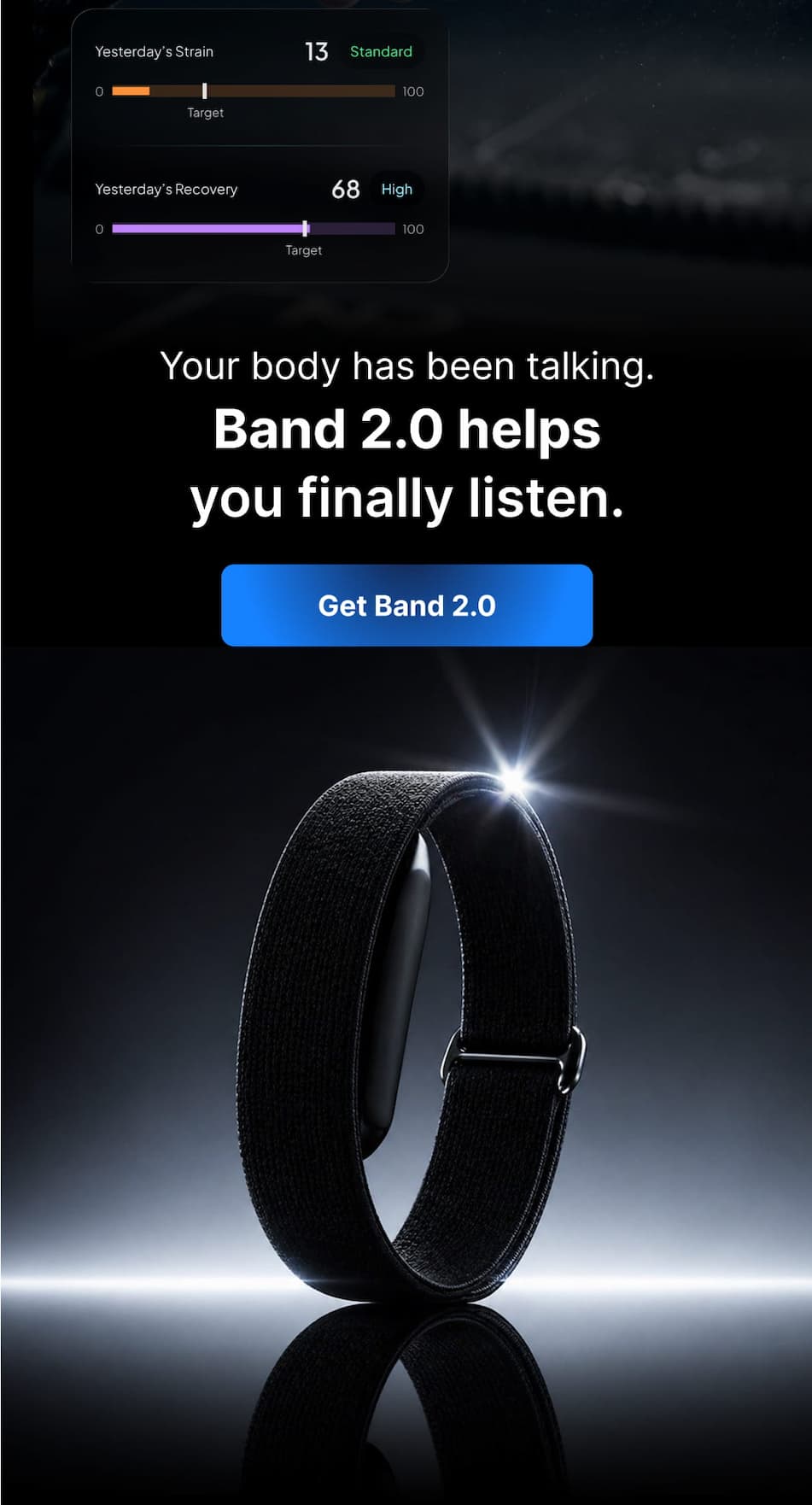 Band 2.0 tracking yesterday's strain and recovery so you can see how your body is really doing.