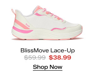 A side view of the BlissMove Mesh/Leather Lace-Up in snow white/neon coral/neon pink which was $59.99 and is now $38.99 for a limited time. Shop Now.