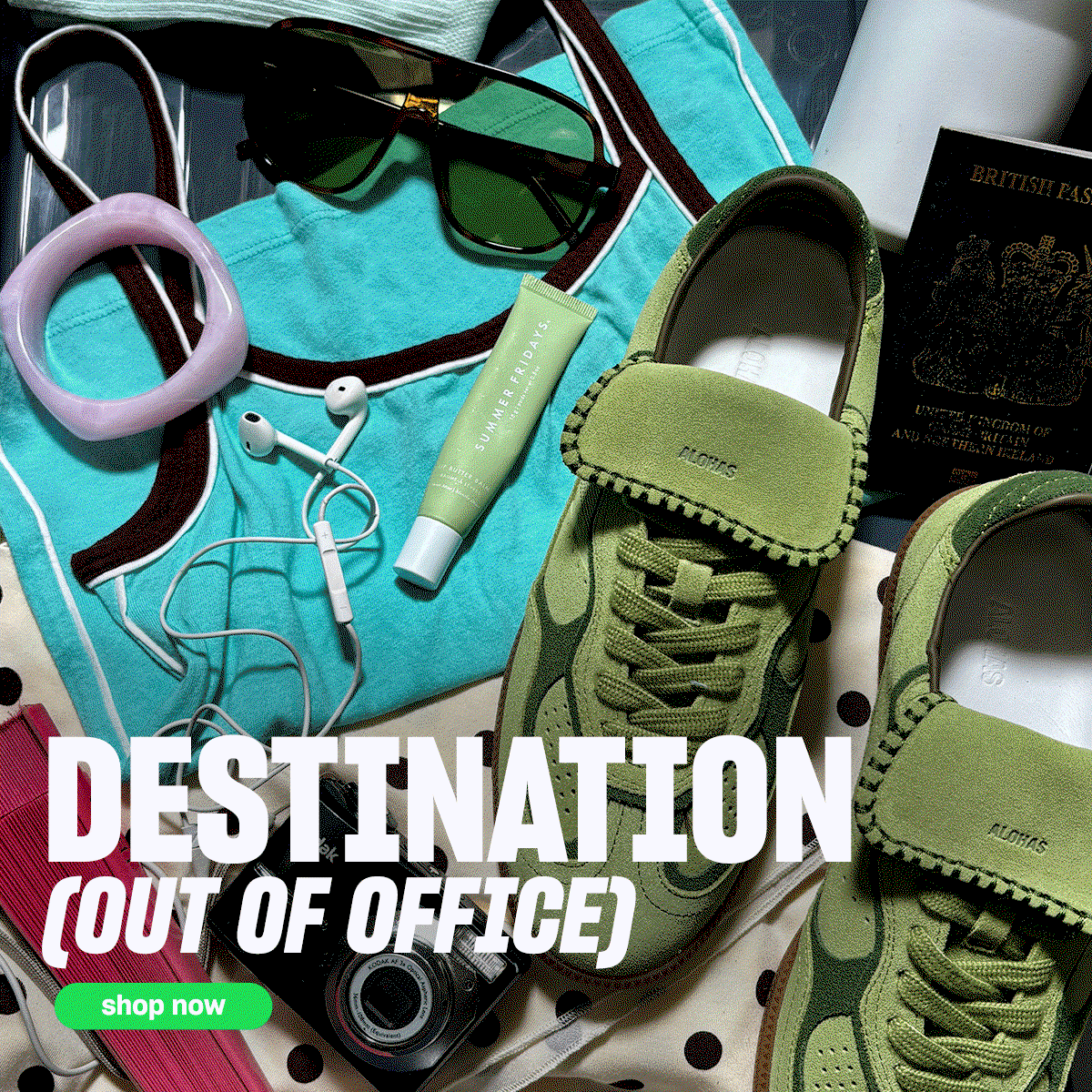 A hero banner featuring a range of accessories with alohas and ASICS trainers featured. With Text 'Destination Out of Office' and a shop now button.