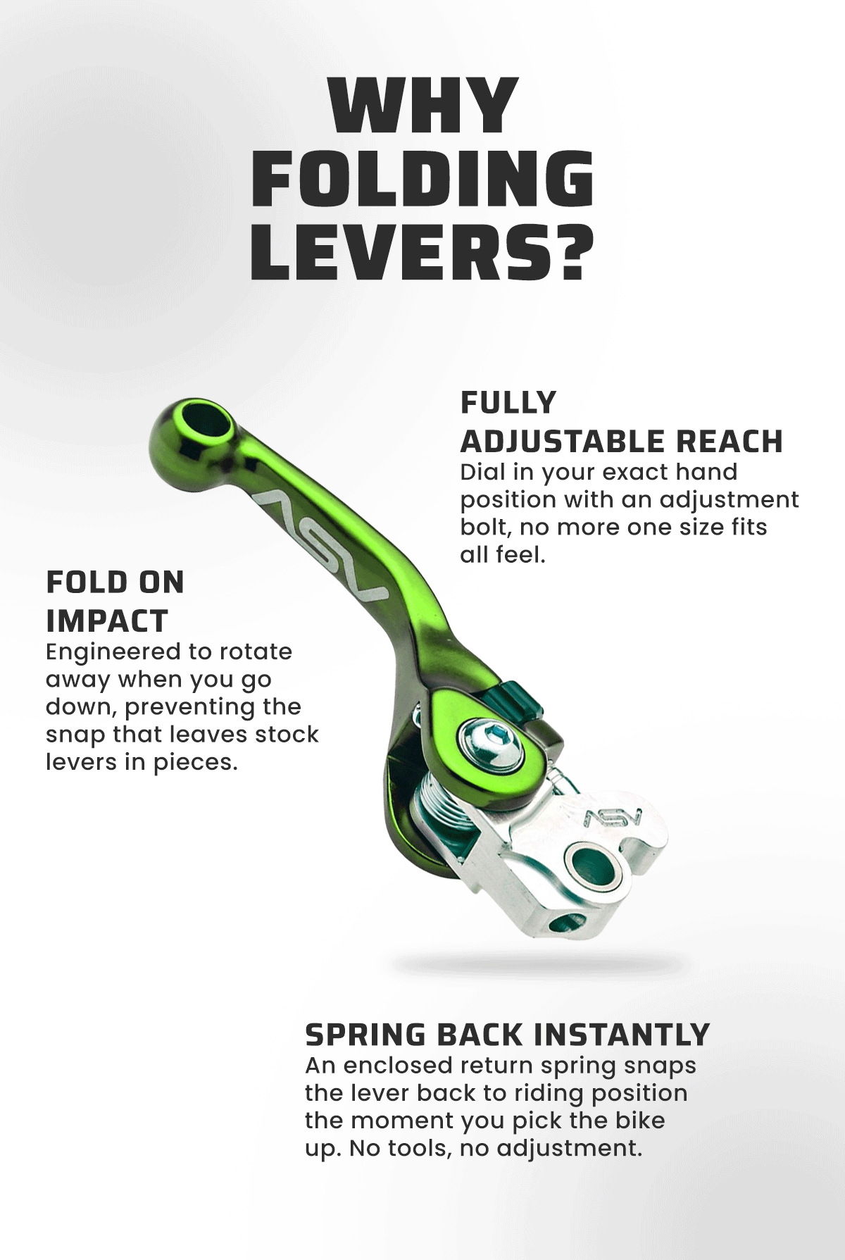 Why Folding Levers?     Fold On Impact  Engineered to rotate away when you go down, preventing the snap that leaves stock levers in pieces.     Fully Adjustable Reach  Dial in your exact hand position with an adjustment bolt, no more one size fits all feel.      Spring Back Instantly  An enclosed return spring snaps the lever back to riding position the moment you pick the bike up. No tools, no adjustment.