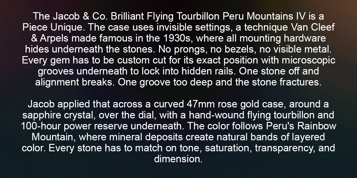 The Jacob & Co. Brilliant Flying Tourbillon Peru Mountains IV is a Piece Unique.