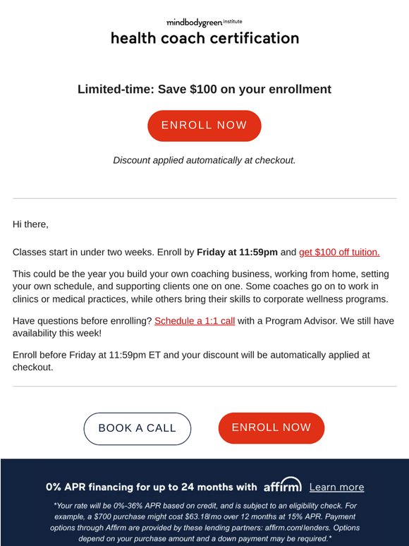 A more flexible career starts soon. Save $100