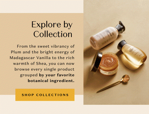 Explore by Collection: Immerse yourself in the scent profiles you adore. From the sweet vibrancy of Plum and the bright energy of Madagascar Vanilla to the rich warmth of Shea, you can now browse every single product grouped by your favorite botanical ingredient. 