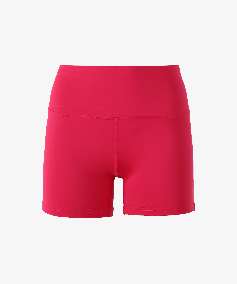 Bright pink high-waisted women's workout shorts — stretchy fitted yoga/athleisure shorts with flat seams