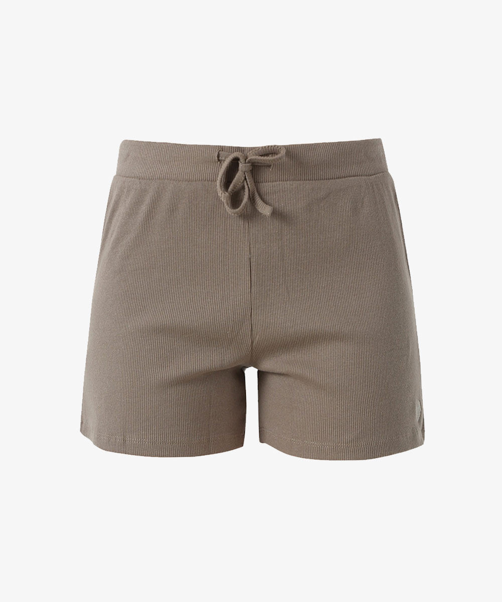 Taupe ribbed women's lounge shorts with elasticated waistband and front drawstring, mid-thigh length