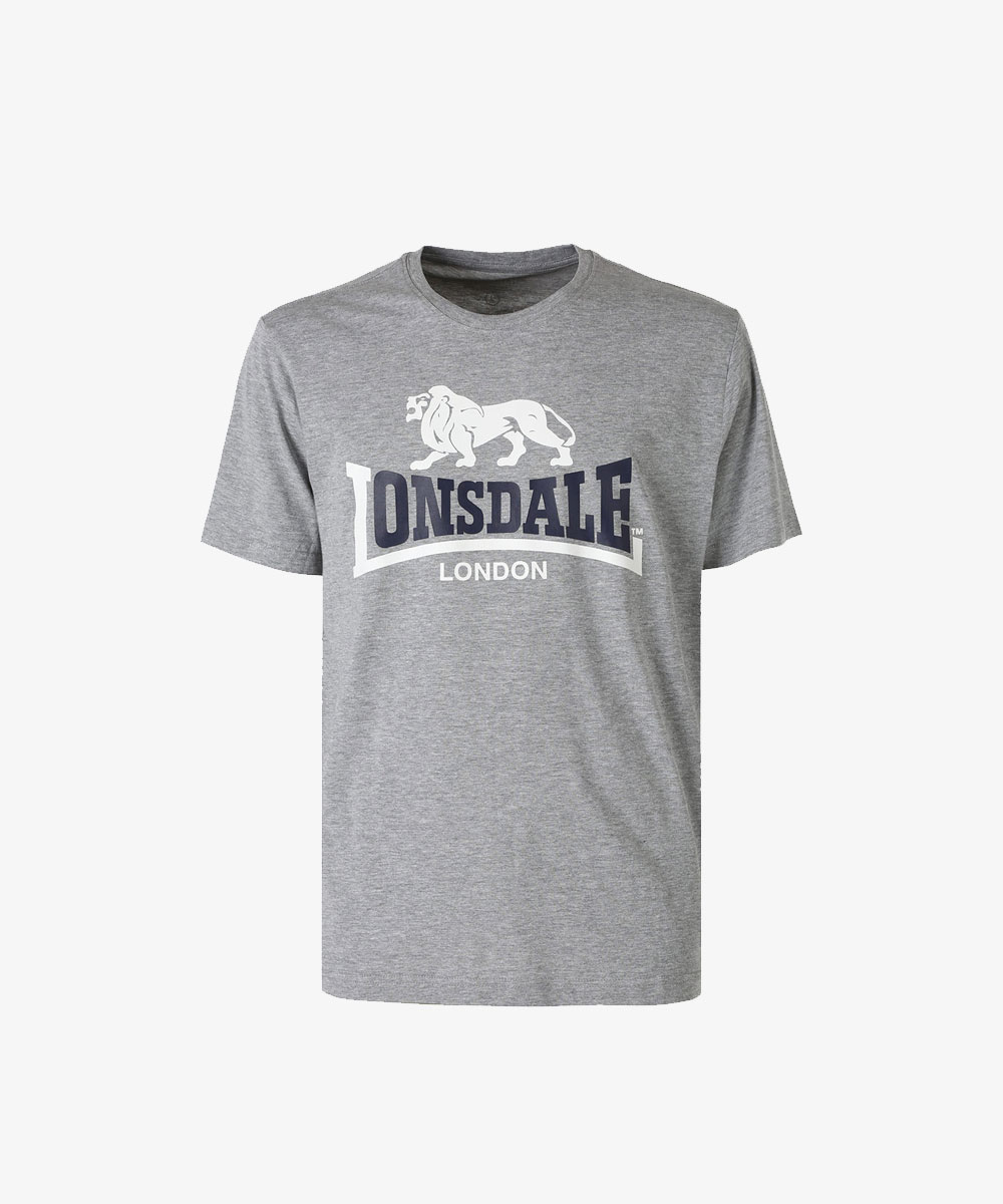 Men's heather grey Lonsdale London crew-neck T-shirt with navy logo and white lion print, short sleeves