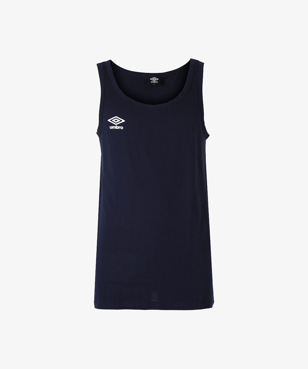Navy Umbro sleeveless men's sports vest with crew neck and white chest logo, breathable cotton-blend training tank top