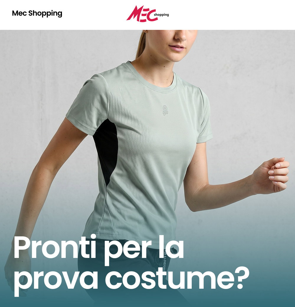 Woman in light green athletic T‑shirt with black side panels jogging in a studio shot, MEC Shopping banner and promotional text overlay