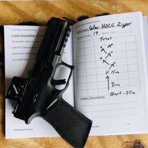 Handgun on open notebook with notes.