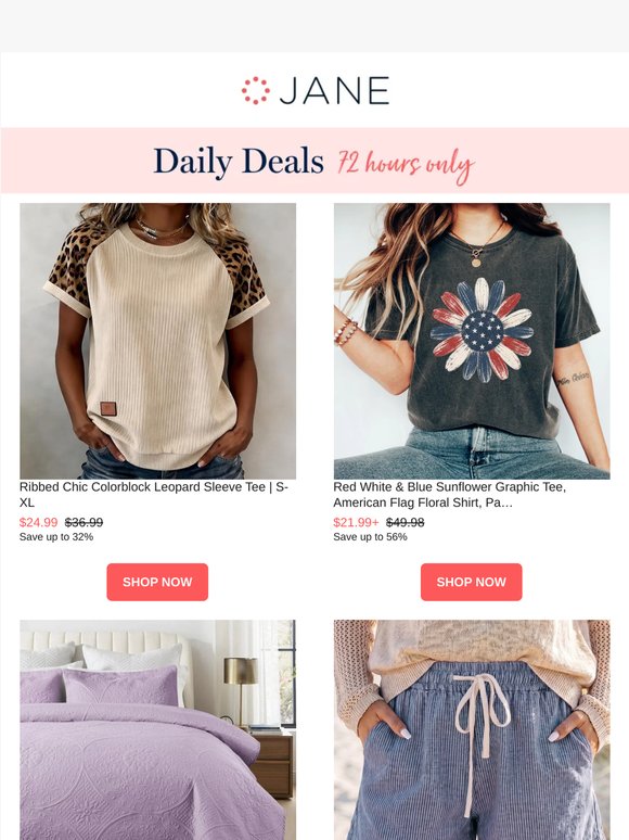 Daily Deals: Winnie Casual Shorts | Colorblock Leopard Sleeve Tee | Red White & Blue Sunflower Graphic Tee | & More!