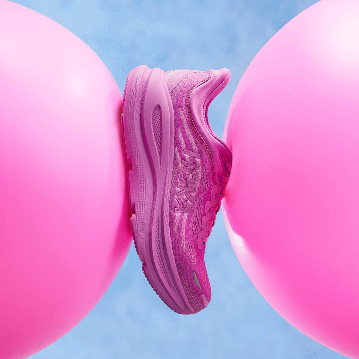 GIF showing three images: one image shows the side profile of the Bondi 9 shoe in crabapple/crabapple between two pink spheres against a blue background; one image shows the side profile of the Challenger 8 shoe in electric lemon/electric lemon between two yellow spheres against a blue background; one image shows the side profile of the Mach 7 shoe in bell pepper/bell pepper between two red spheres against a blue background.