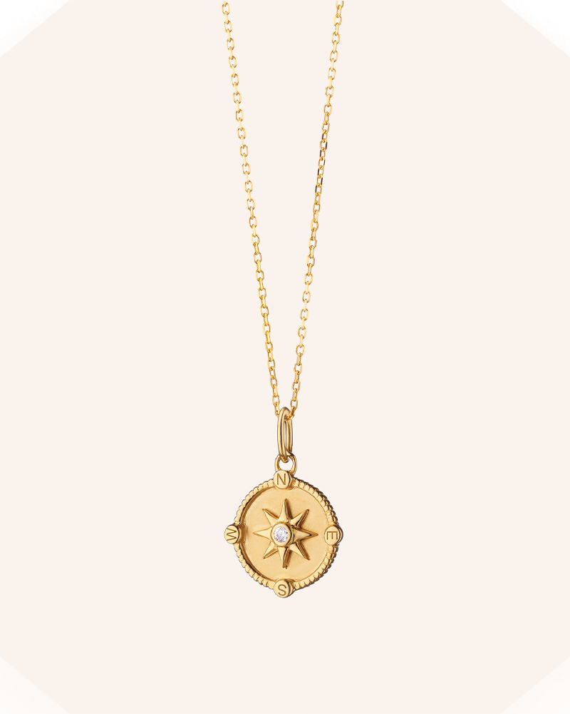 Mini "Adventure" Compass Necklace with Diamonds