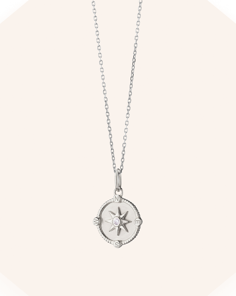 Mini "Adventure" Compass Necklace with White Sapphire