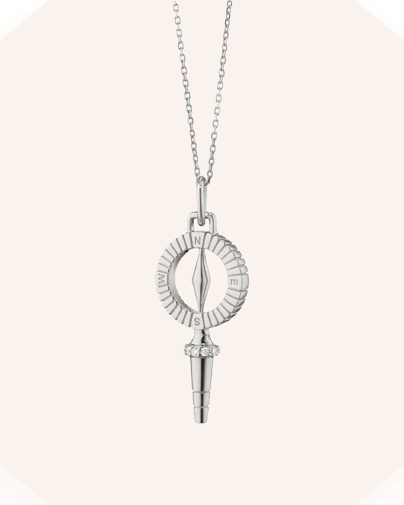 Mini "True North" Compass Key Necklace with White Sapphires