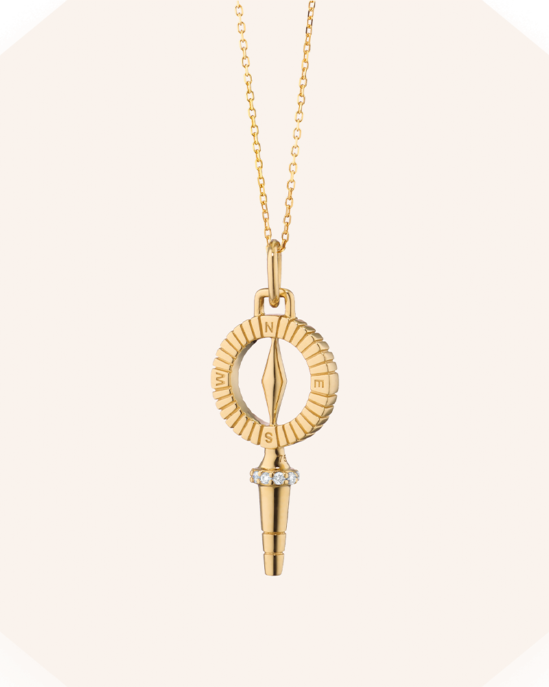 Mini "True North" Compass Key Necklace with Diamonds