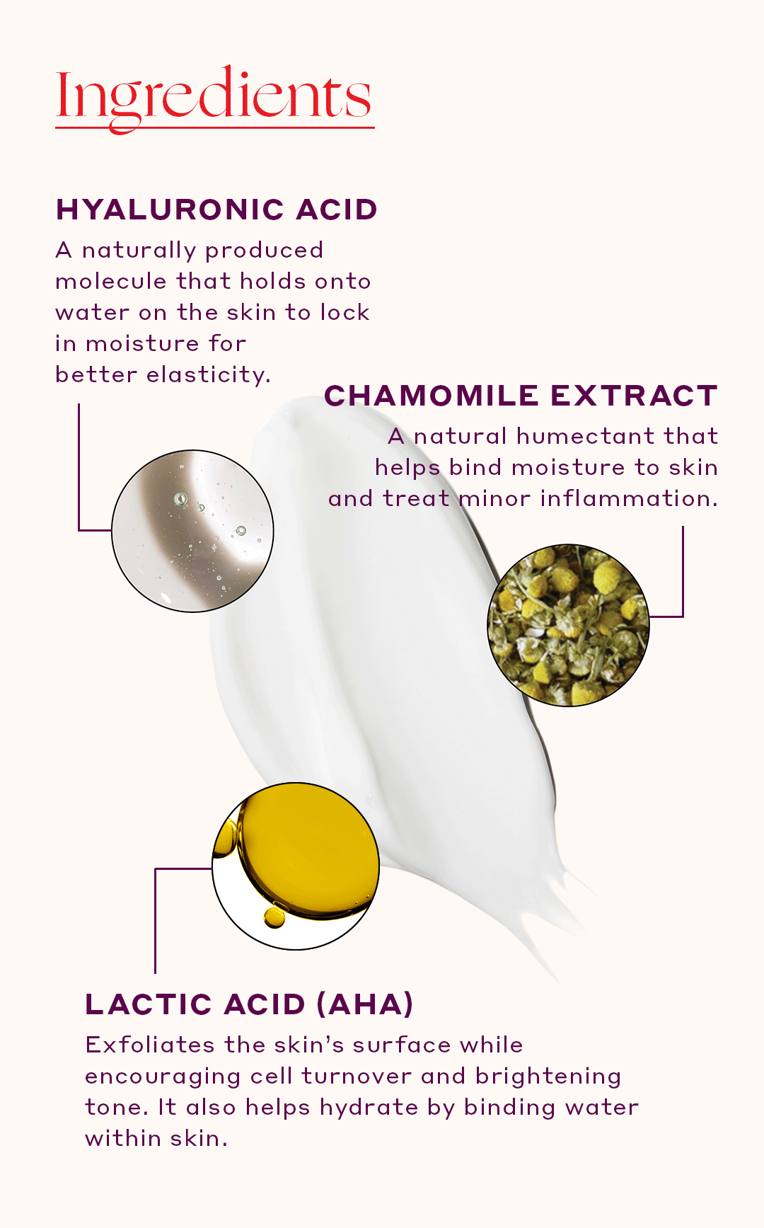 INGREDIENTS    HYALURONIC ACID A naturally produced molecule that holds onto water on the skin to lock in skin’s moisture for better elasticity.    CHAMOMILE EXTRACT A natural humectant that helps bind moisture to skin and treat minor inflammation.    LACTIC ACID (AHA) Exfoliates the skin’s surface while encouraging cellular turnover and brightening tone. It also helps hydrate skin by binding water within skin.