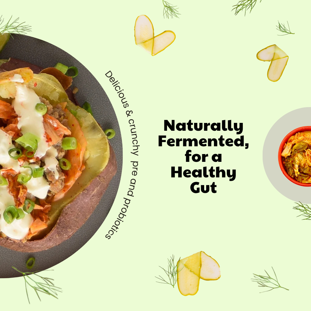 A halved sweet potato stuffed with kimchi, meat, and green onions, with a side bowl of kimchi, against a light green background. Text promotes fermented foods f