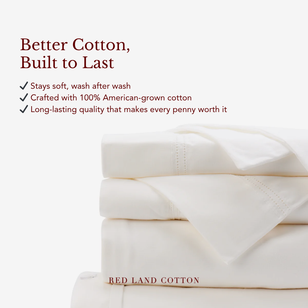 A stack of neatly folded white bed sheets. Text in the upper left corner lists product features.