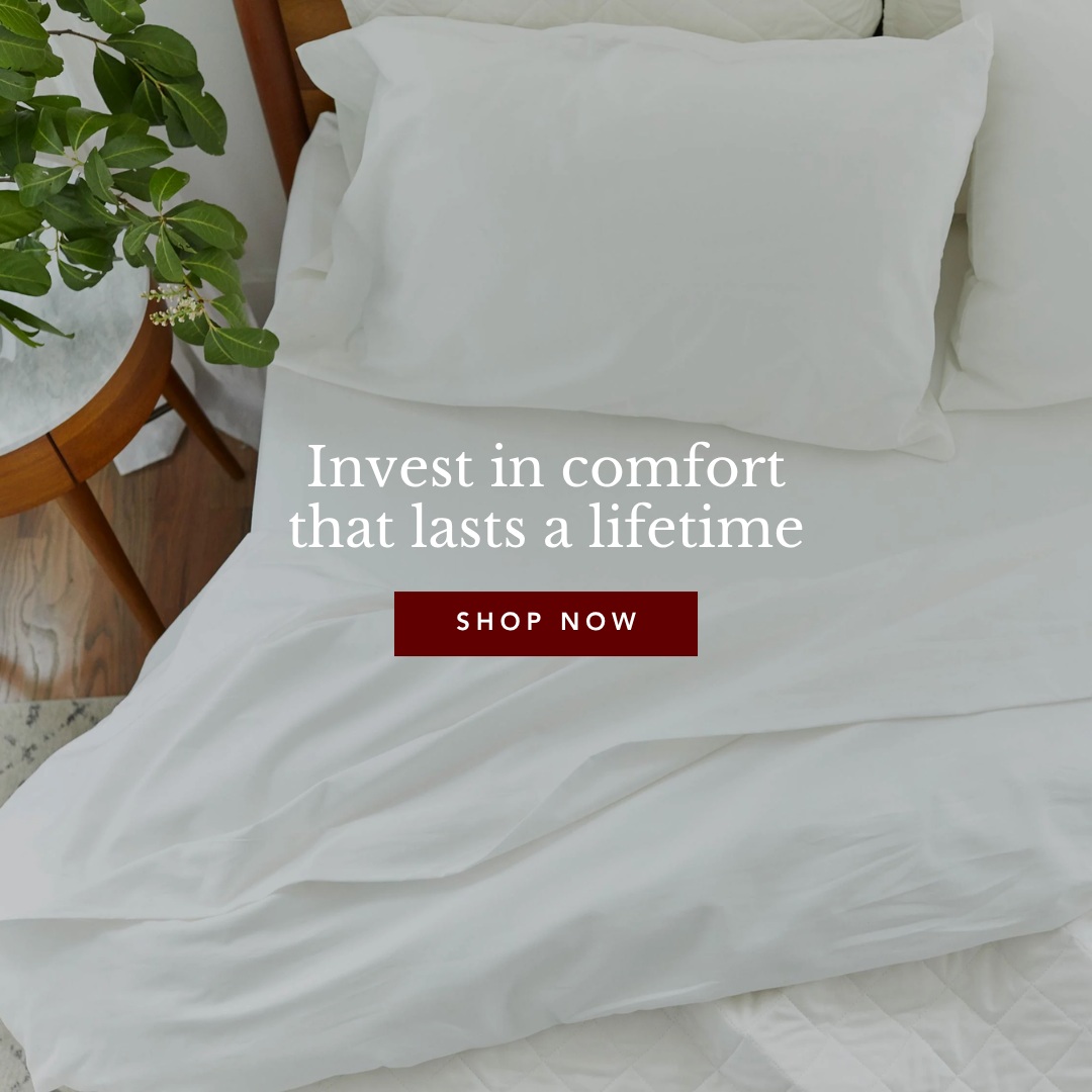 A bed with white sheets and pillows next to a wooden side table with a green plant.