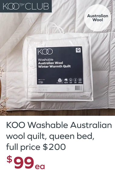 KOO Washable Australian wool quilt, queen bed, full price $200, $99ea