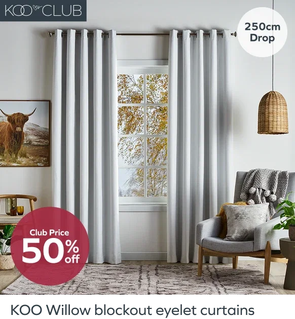 Club price 50% off KOO Willow blockout eyelet curtains