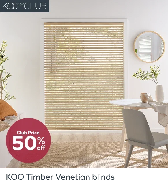 Club price 50% off KOO Timber Venetian blinds