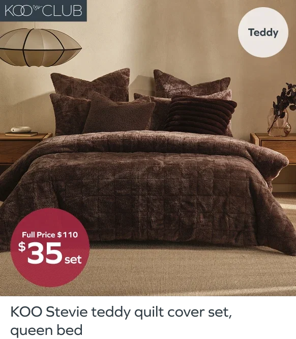  KOO Stevie teddy quilt cover set, queen bed, full price $110, $35set