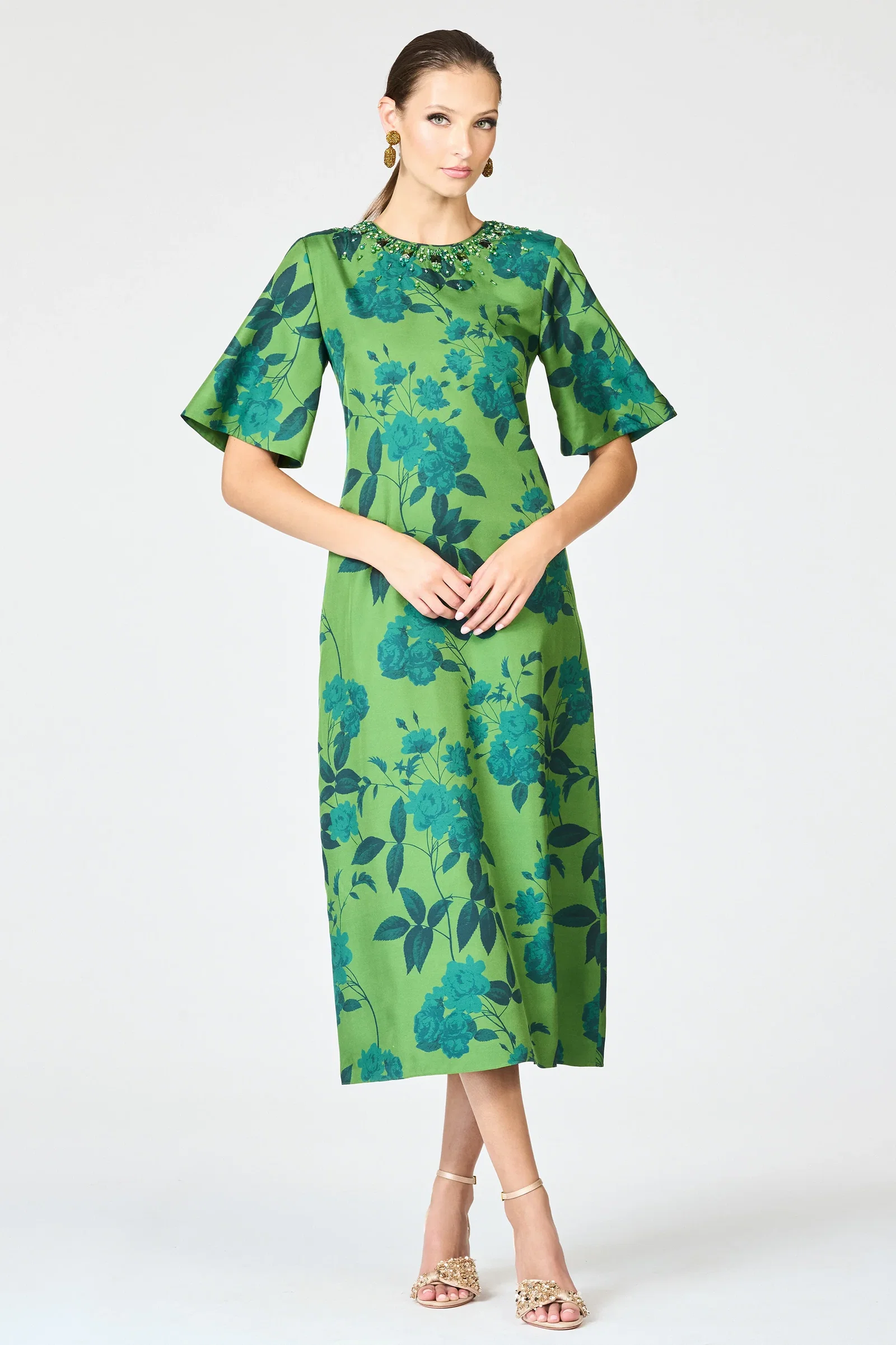 Image of EMBELLISHED LEMIE DRESS - EMPRESS GREEN ROSES