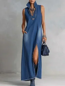 Image of Casual Plain Slit Shirt Collar Maxi Denim Dress