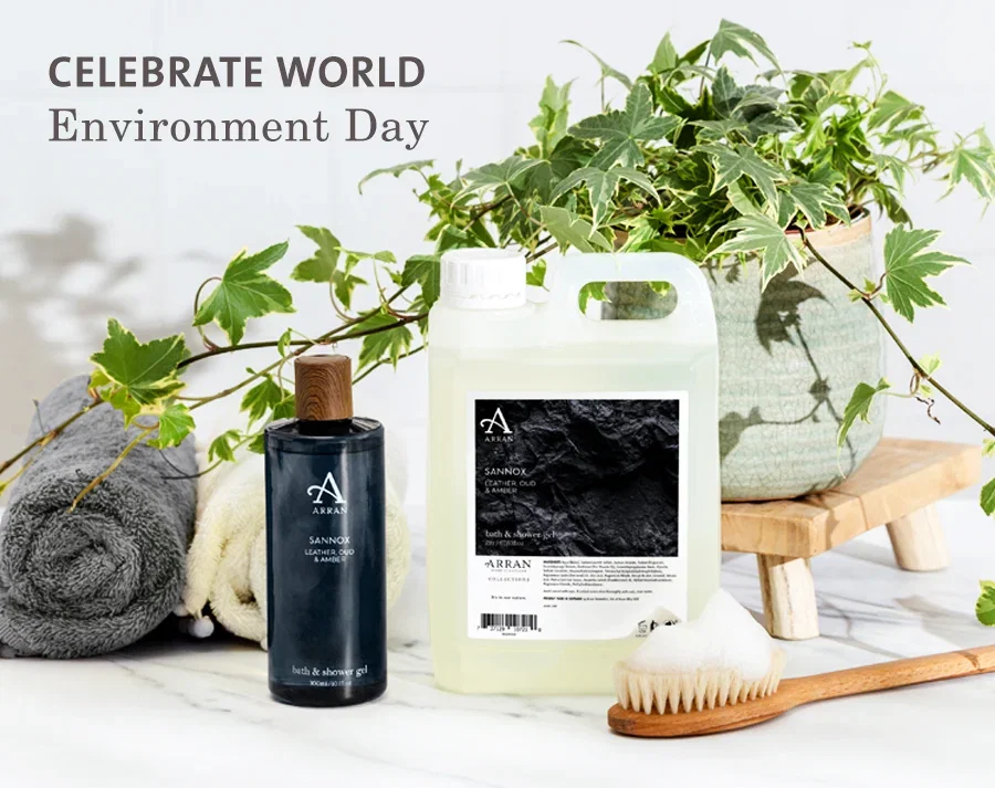 world environment day with an image of a shower gel and refill