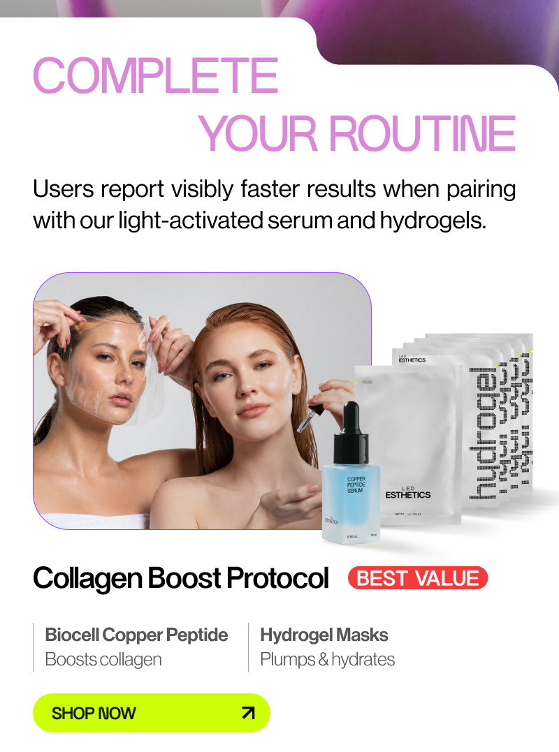 white bacground, text, two women sjowing blue bottle serum and hydrogel mask, text and green button