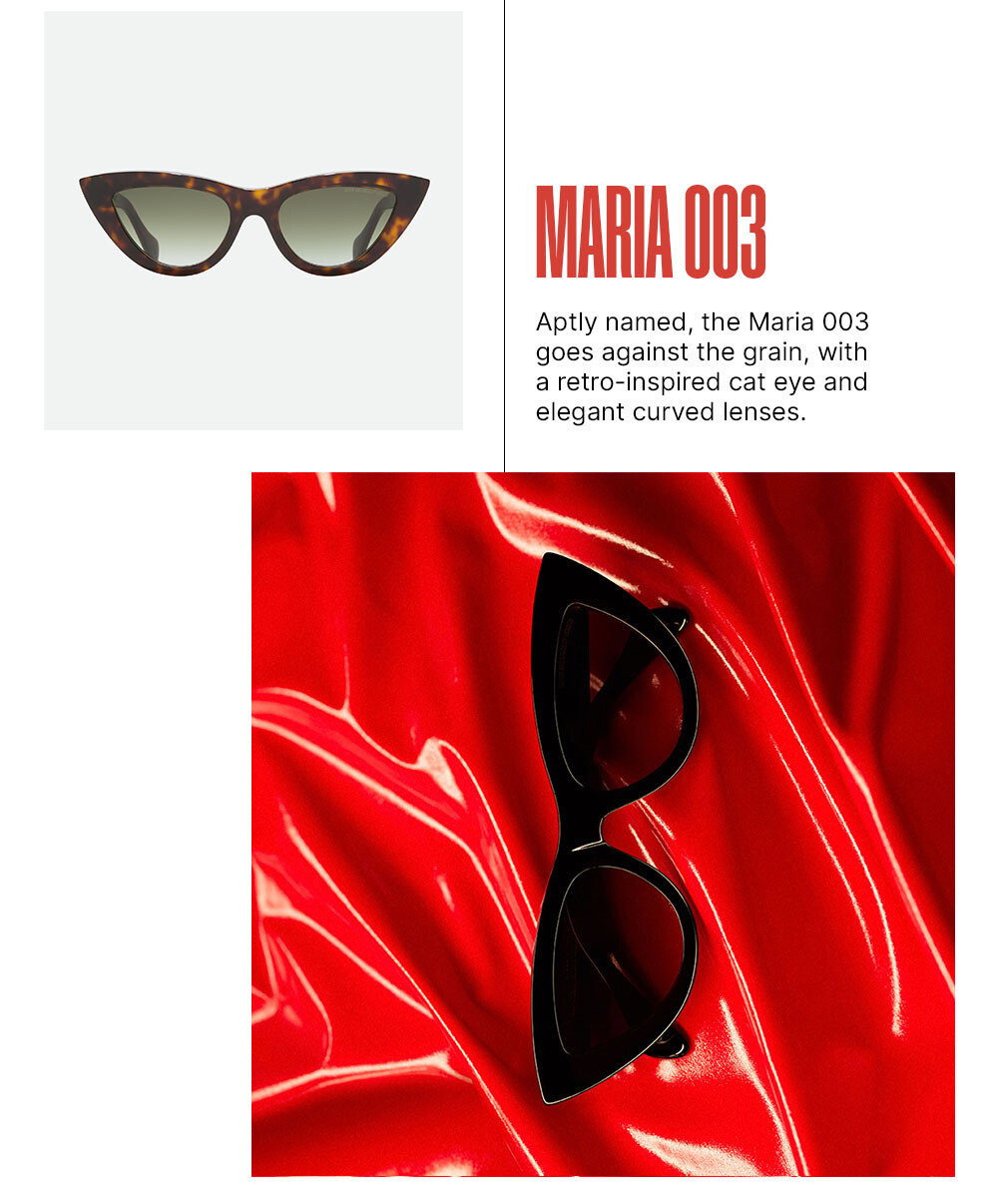 Available in Black and Havana, the Maria 003 is a smaller cat eye, inspired by retro sunglass styles.