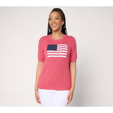 Joan Rivers 100% Cotton Cable Knit Elbow Sleeve Flag Sweater