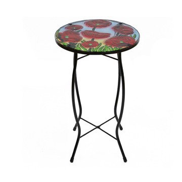 Northlight 19" Red Floral Poppies Glass Patio Side Table