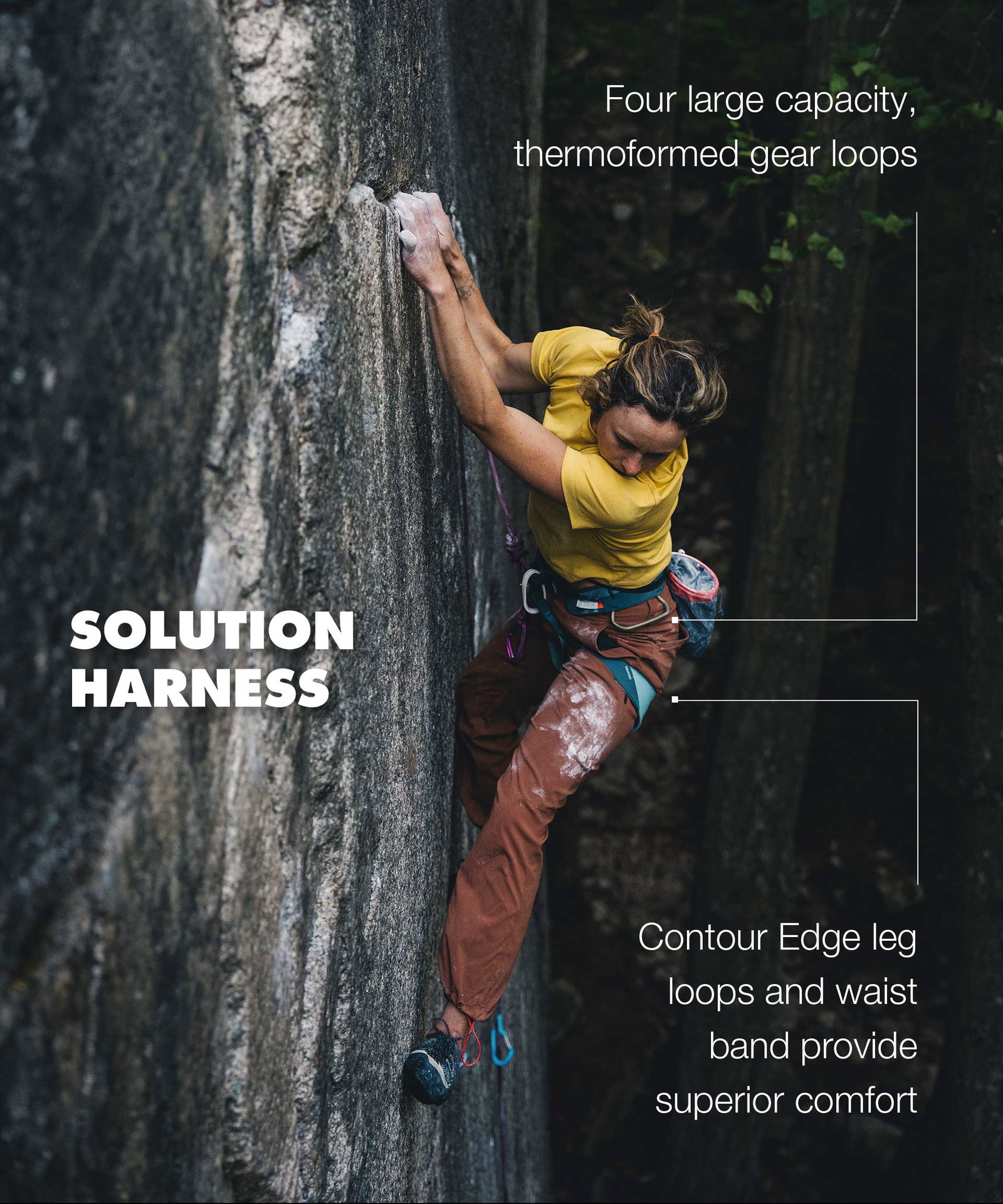 SOLUTION HARNESS | Four large capacity, thermoformed gear loops | Contour Edge leg loops and waist band provide superior comfort