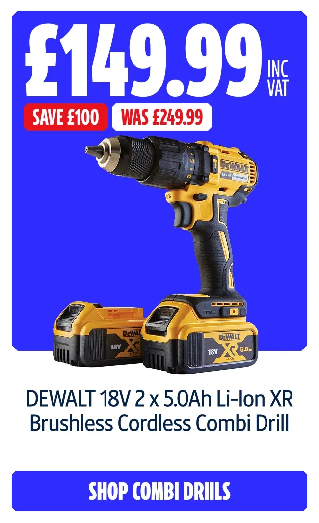 Save £100 on DEWALT 18V 2 x 5.0Ah Li-Ion XR Brushless Cordless Combi Drill. Now £149.99 Was £249.99. Shop combi drills