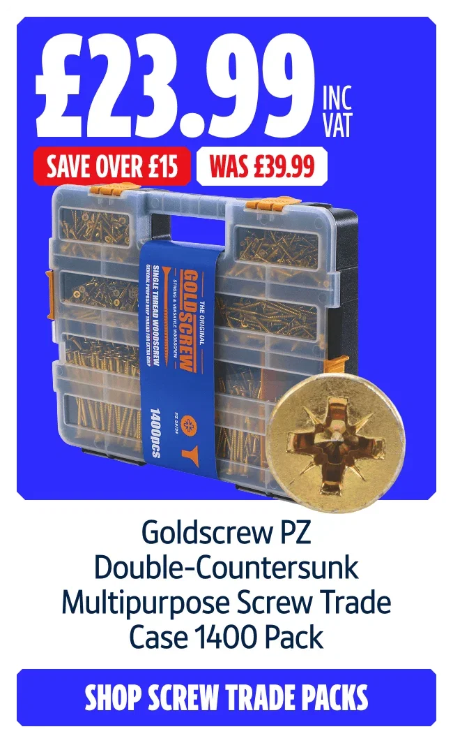 Save over £15 on Goldscrew PZ Double-Countersunk Multipurpose Screw Trade Case 1400 Pack. Now £23.99 INC VAT Was £39.99. Shop scres trade packs