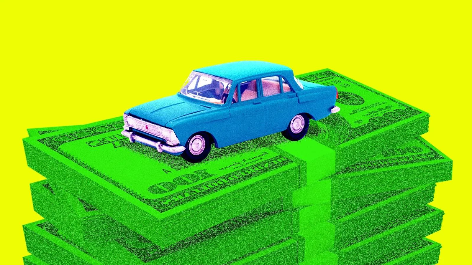 Illustration of blue car on top of a tall stack of cash.