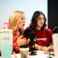 Friends Brandy Bright, left, and April LoConti interview the author of the Tuttle Twins book series during their conservative podcast, called, "Crunchy Moms Unfiltered," Oct. 14, 2025, in Willoughby, Ohio. The book series focuses primarily on teaching libertarian and economic principles from a conservative perspective.