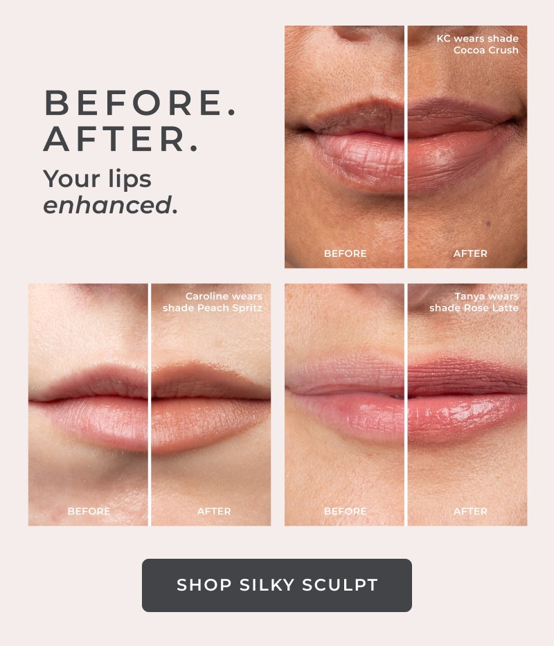 NEW Silky Sculpt Creamy Dual-Ended Lip Liner: Before & After of Cocoa Crush, Peach Spritz, and Rose Latte - Shop Silky Sculpt
