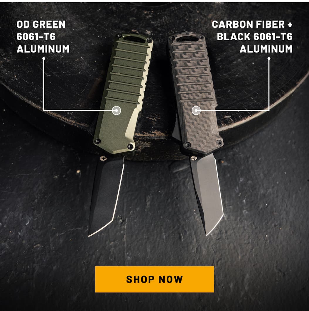 A2 Badger Carbon Fiber and OD Green side by side. CTA 'Shop Now' bellow.