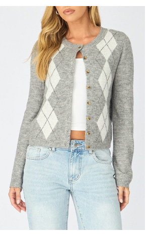 Grey Check Knit Top Long Sleeve Round Neck Argyle