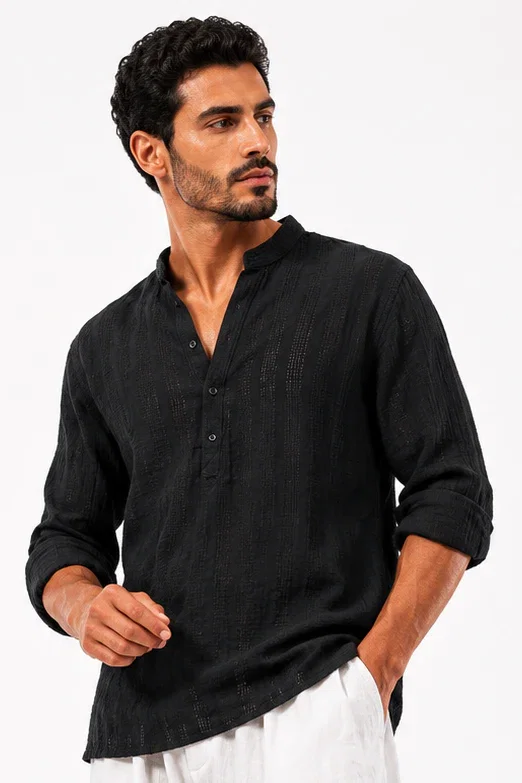 Image of COLLARLESS CLASSIC COTTON KNIT SUMMER SHIRT