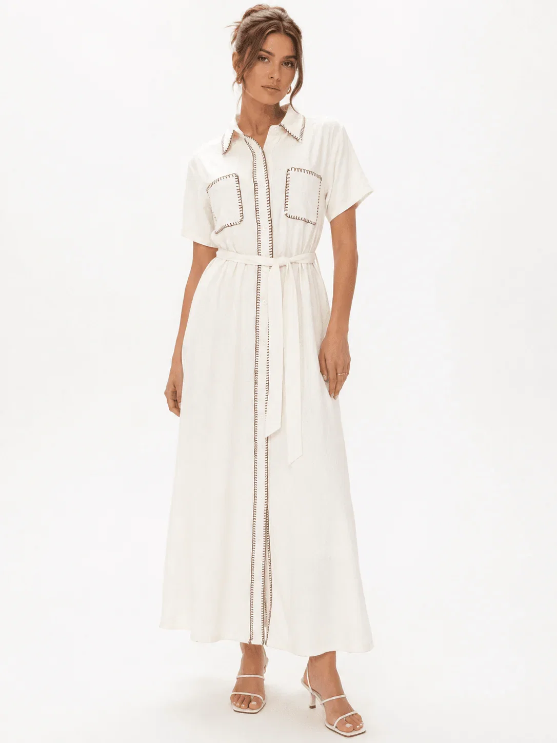Image of MISS CHARM CONTRAST STITCH LINEN BLEND SHIRT DRESS