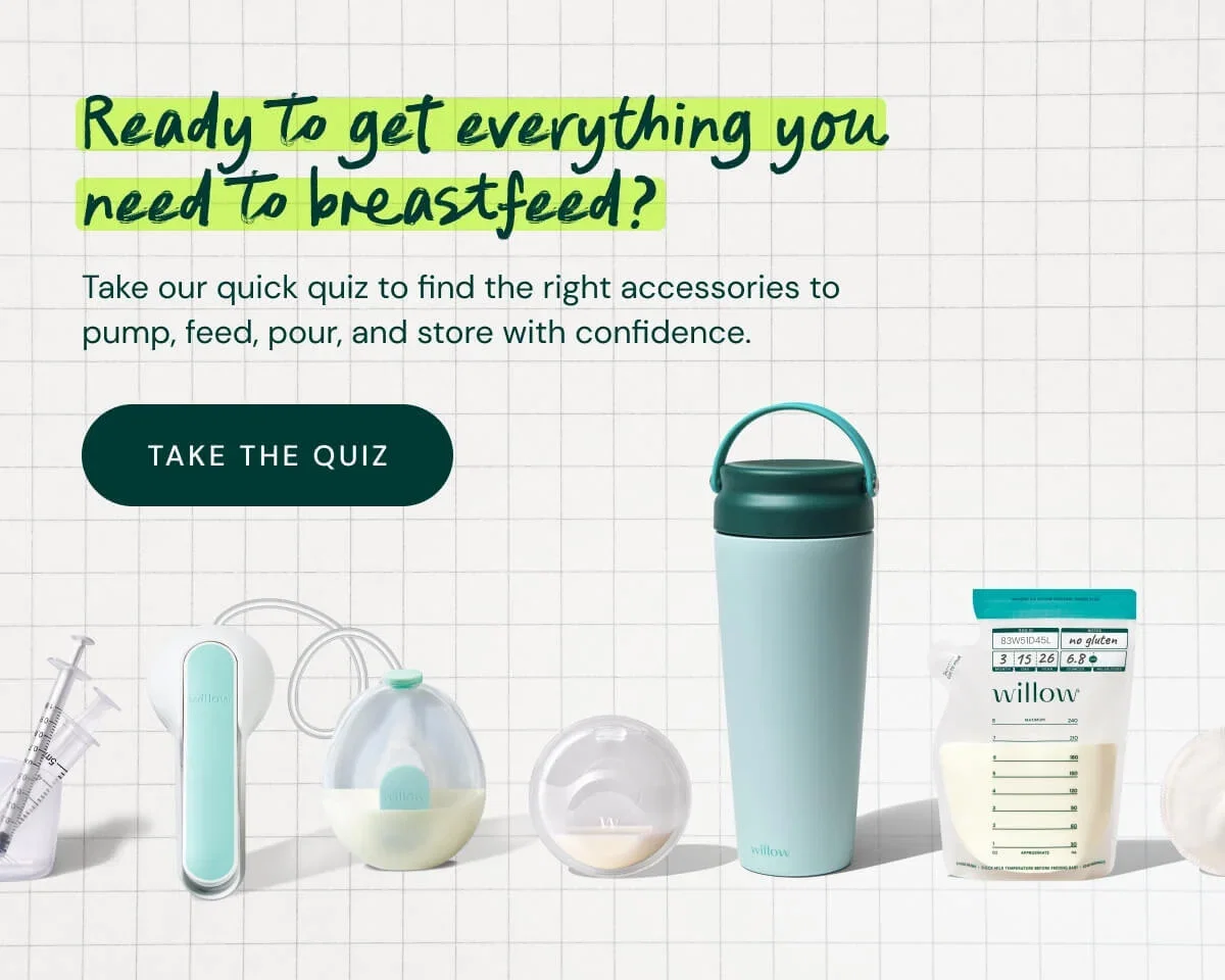 Breastfeeding accessories including pump parts storage bag and bottle displayed on a grid background with quiz call to action